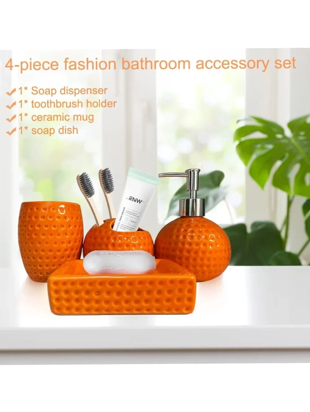 NWT 4pc Set Ceramic Dimple Texture Bathroom Accessories Set Soap Toothbrush